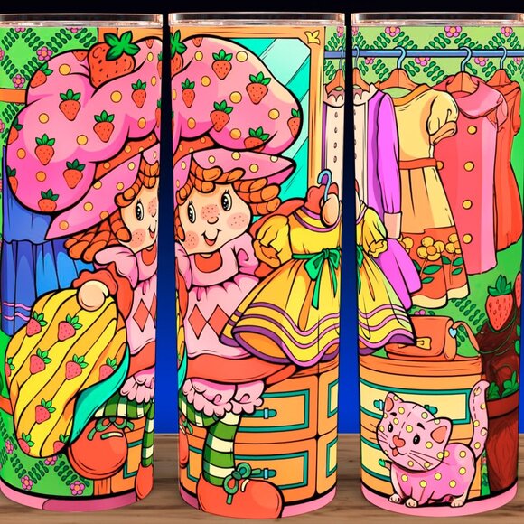 Strawberry Shortcake and Cat Trying on Clothes Cartoon Cup Mug Tumbler - Picture 1 of 3